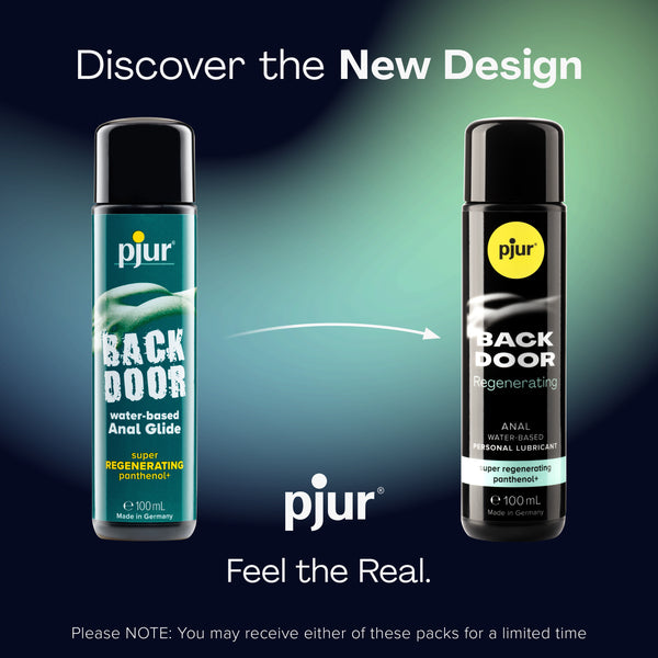 An advertisement titled "Discover the New Design" displays the older and newer packaging for Pjur Back Door Regenerating lubricant.