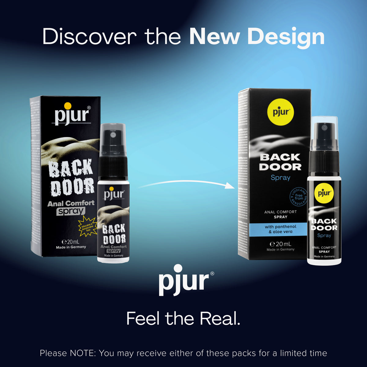 An ad showcases the old and new packaging for Pjur Back Door Spray.