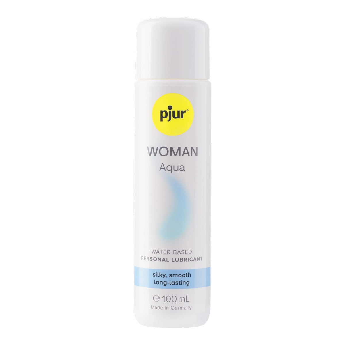 A white bottle of Pjur Woman Aqua lubricant is shown on a white background.