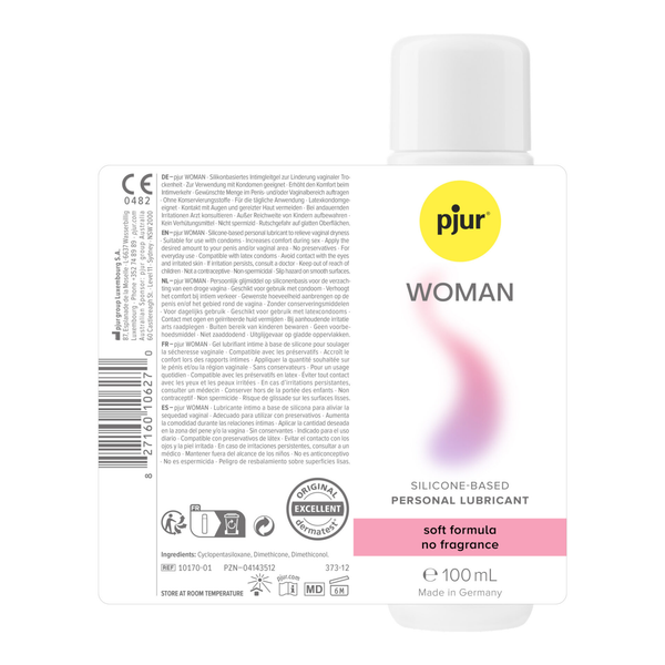 Product photo of pjur Woman Silicone-Based Personal Lubricant (soft formula, no fragrance) showing the back label with ingredients, usage, and multi-language instructions.