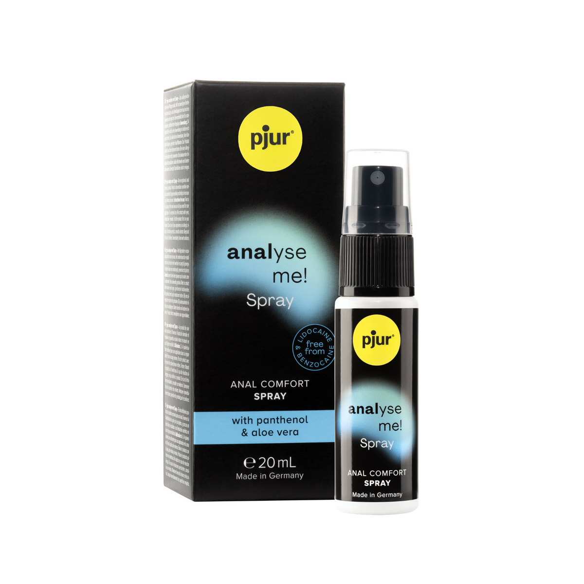 A black box and a matching spray bottle of pjur "analyse me! Spray" are positioned on a white background. 