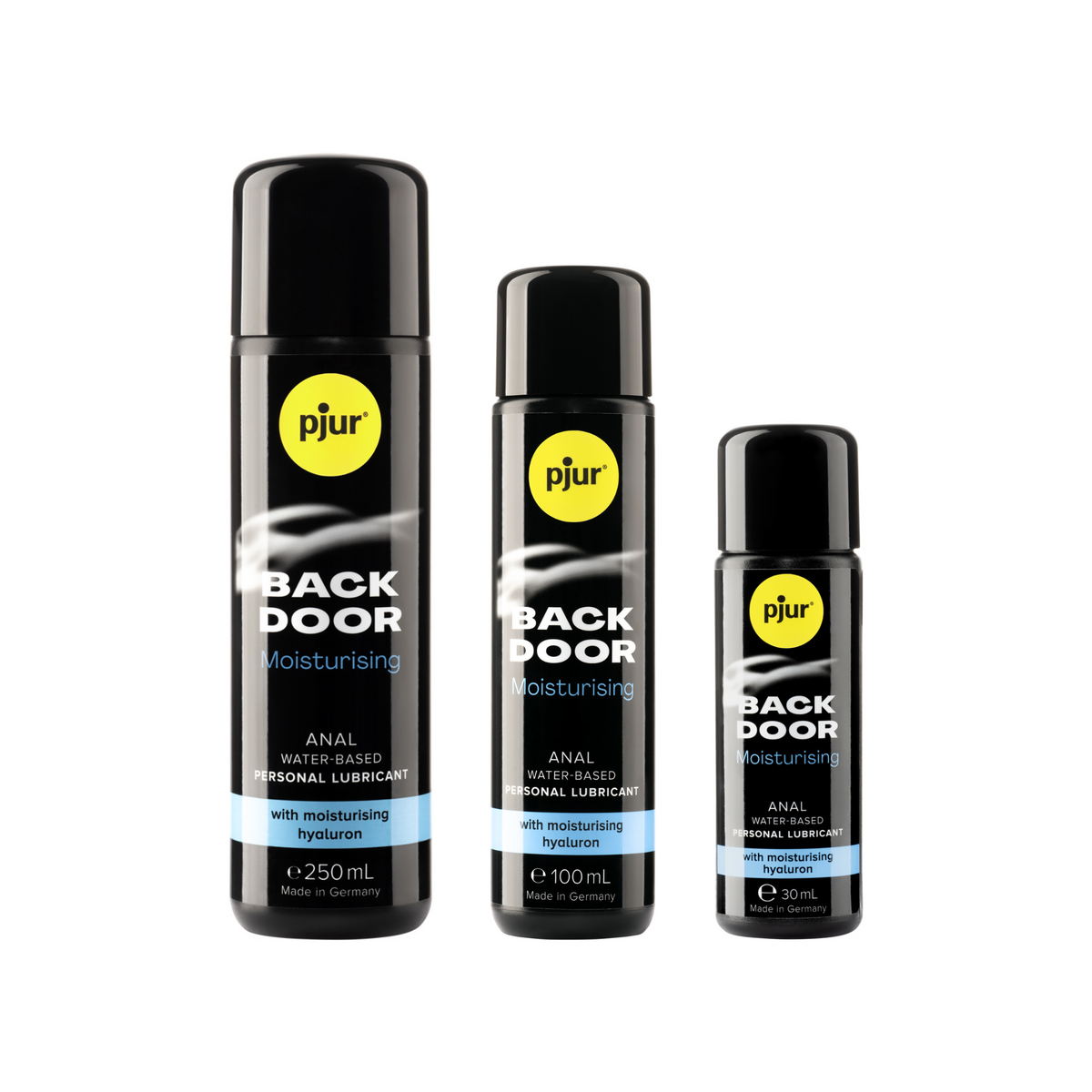 Three black bottles of pjur BACK DOOR Moisturising anal water-based personal lubricant in different sizes (250ml, 100ml, and 30ml) are arranged in a row from largest to smallest against a white background. Each bottle has a yellow pjur logo and teal accents. Main image