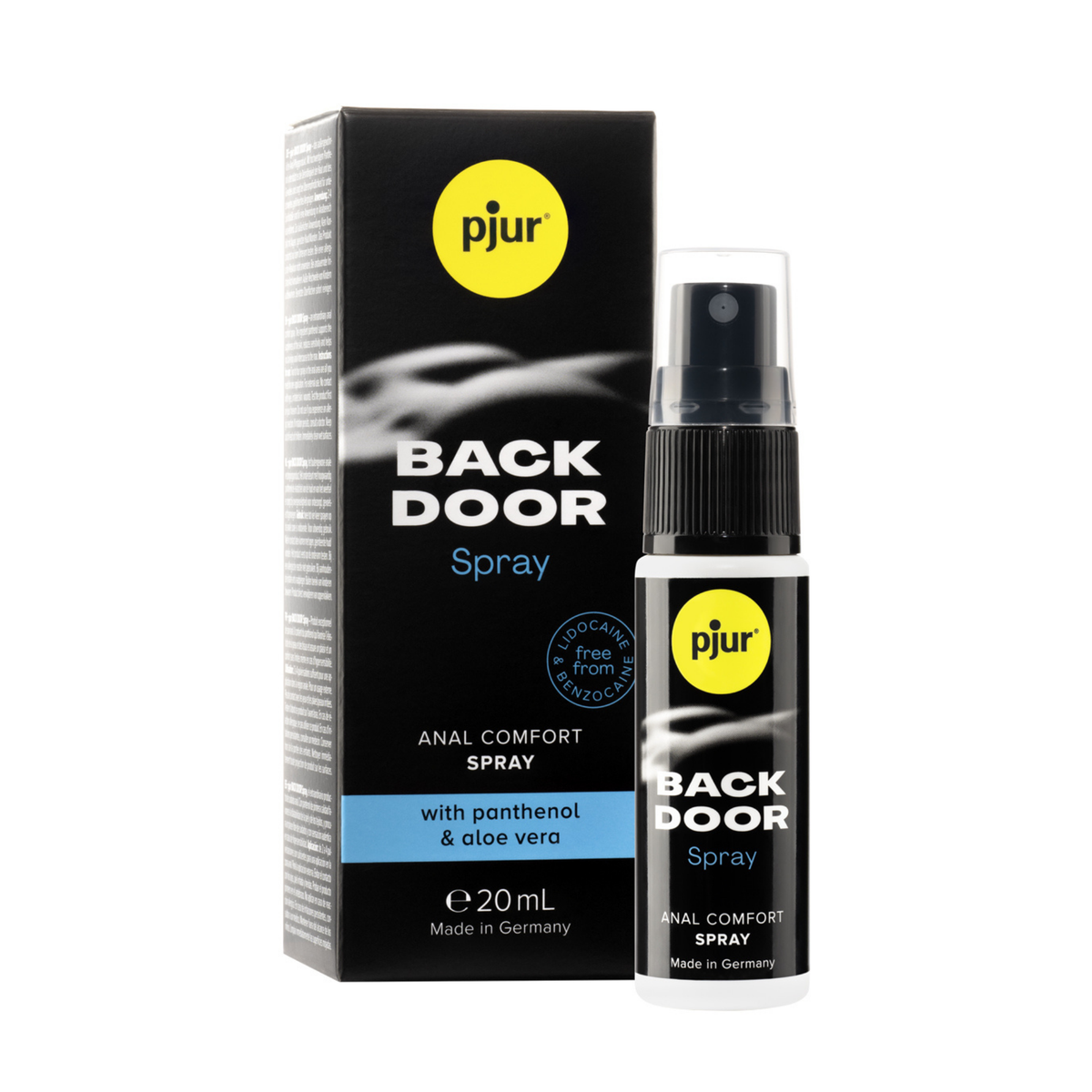 A black box and spray bottle of Pjur Back Door Spray are isolated on a white background. Main image