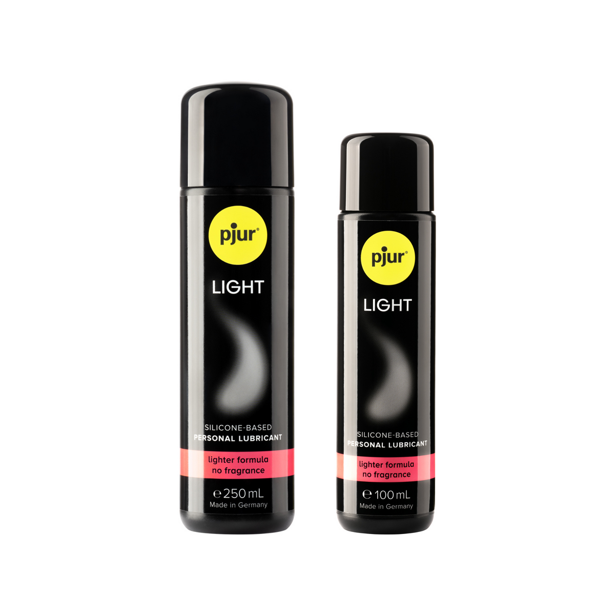 Two black bottles of Pjur Light silicone-based personal lubricants with a yellow logo and pink label indicating "lighter formula no fragrance".
