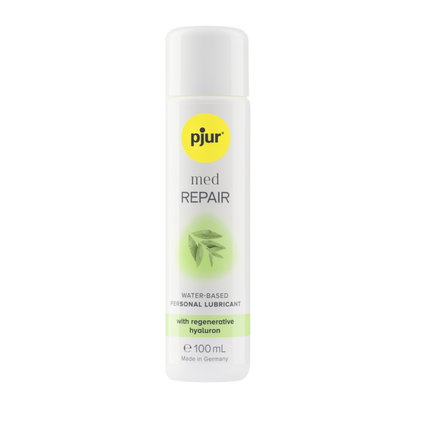 A white bottle of pjur med REPAIR water-based personal lubricant with a yellow logo and light green accents on a white background.