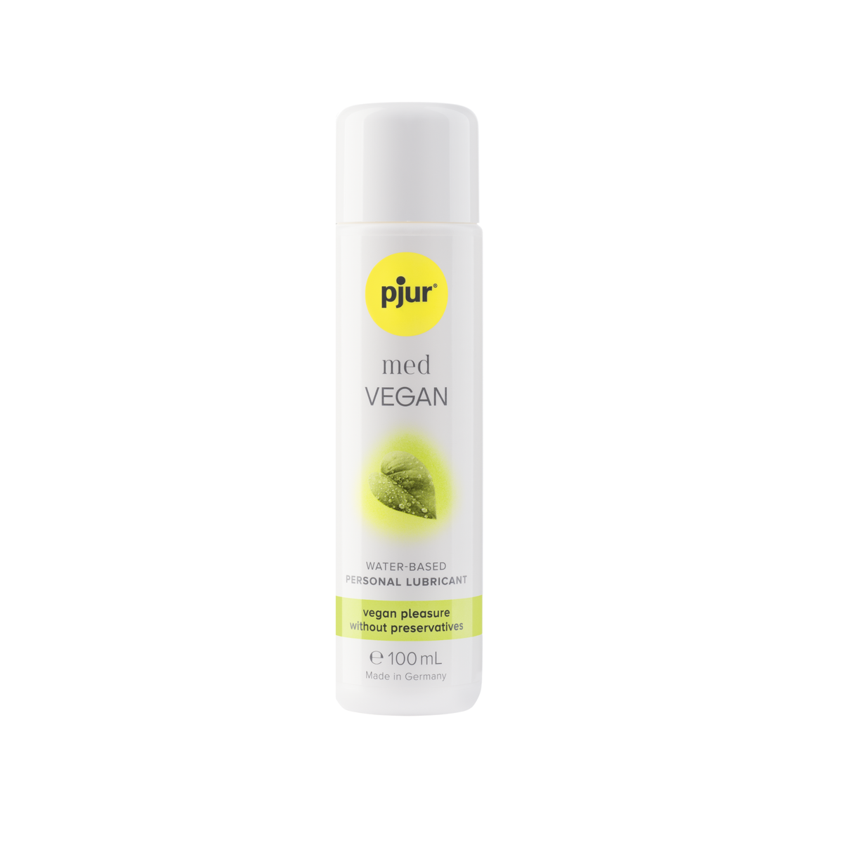 A white bottle of pjur med VEGAN water-based personal lubricant with a yellow logo and light green accents on a white background. Main image