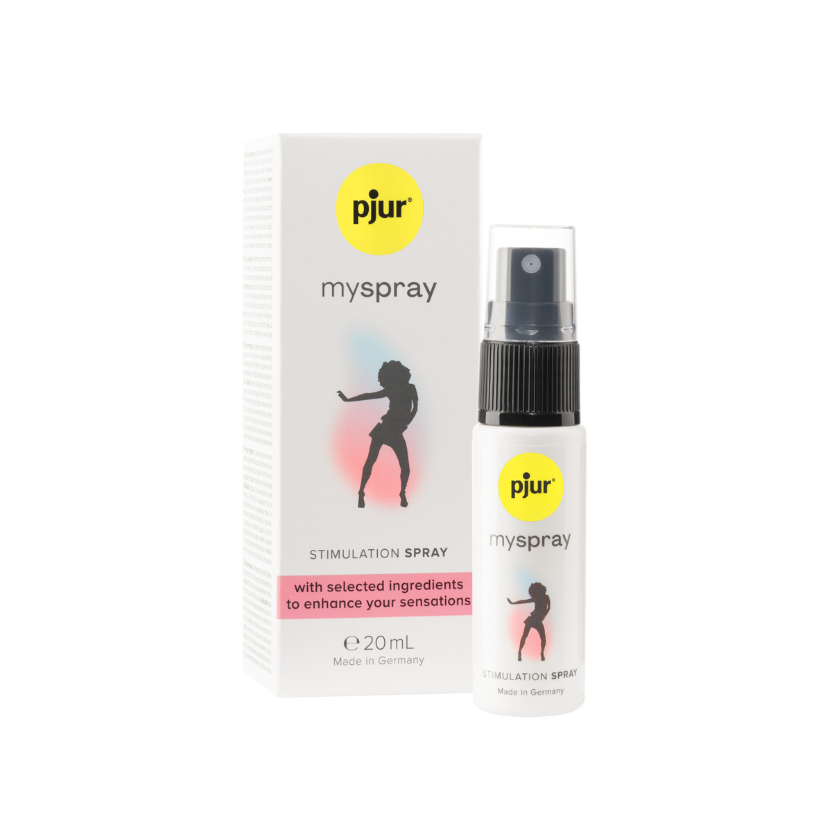 A white box and spray bottle of Pjur Myspray are shown against a white background. Main image