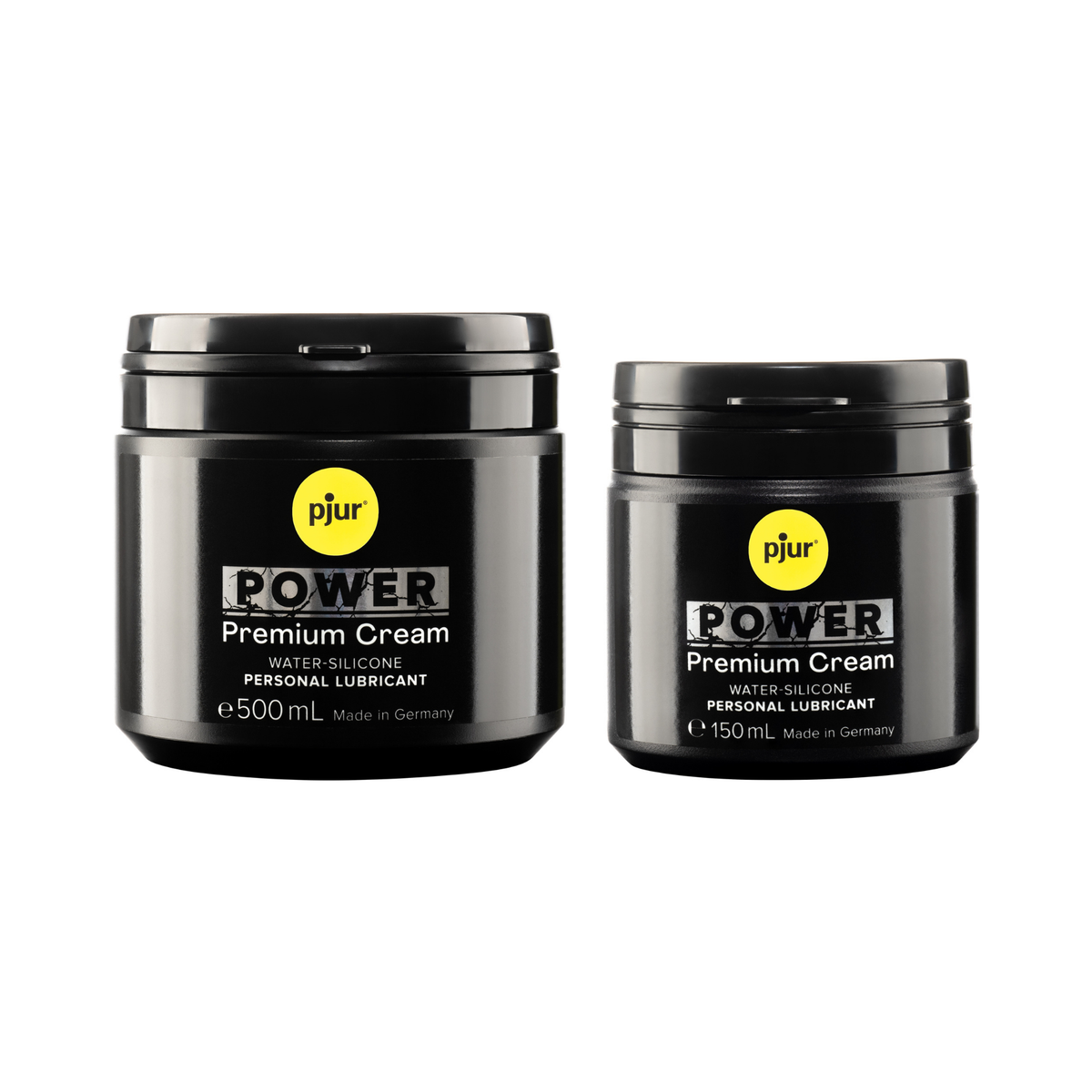 Two black jars of Pjur Power Premium Cream are shown against a white background.