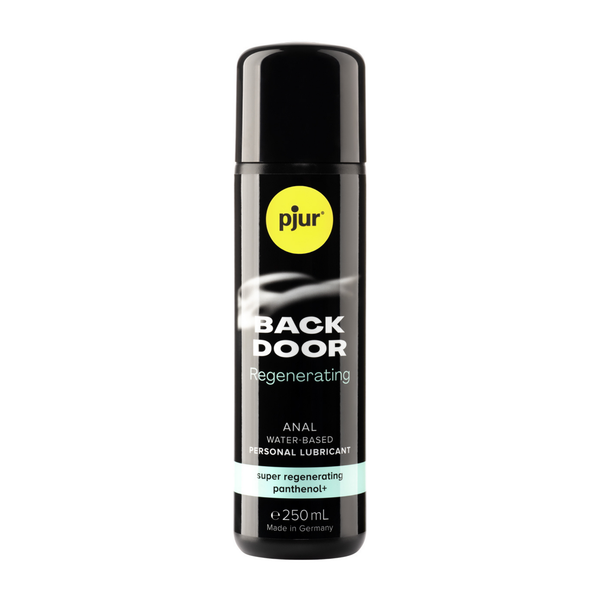 A black bottle of Pjur Back Door Regenerating 250ml lubricant is shown against a white background.