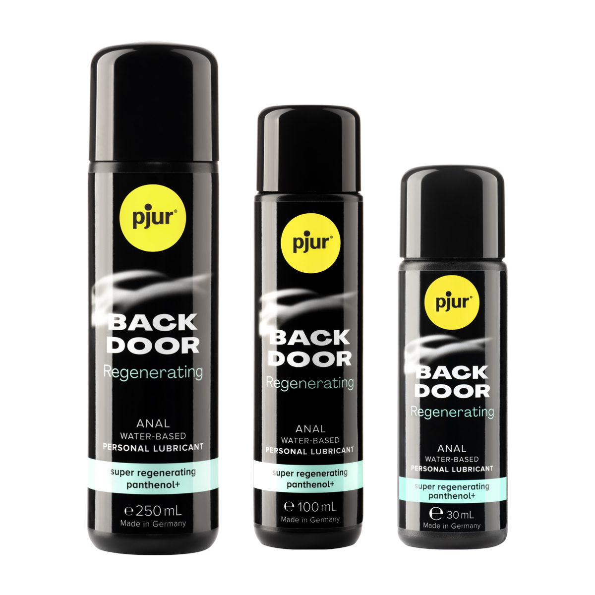 A 3 black bottles of Pjur Back Door Regenerating lubricants is shown against a white background. Main image