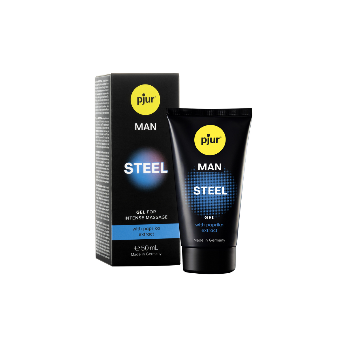 A black box and tube of Pjur Man Steel gel are shown against a white background. Main image