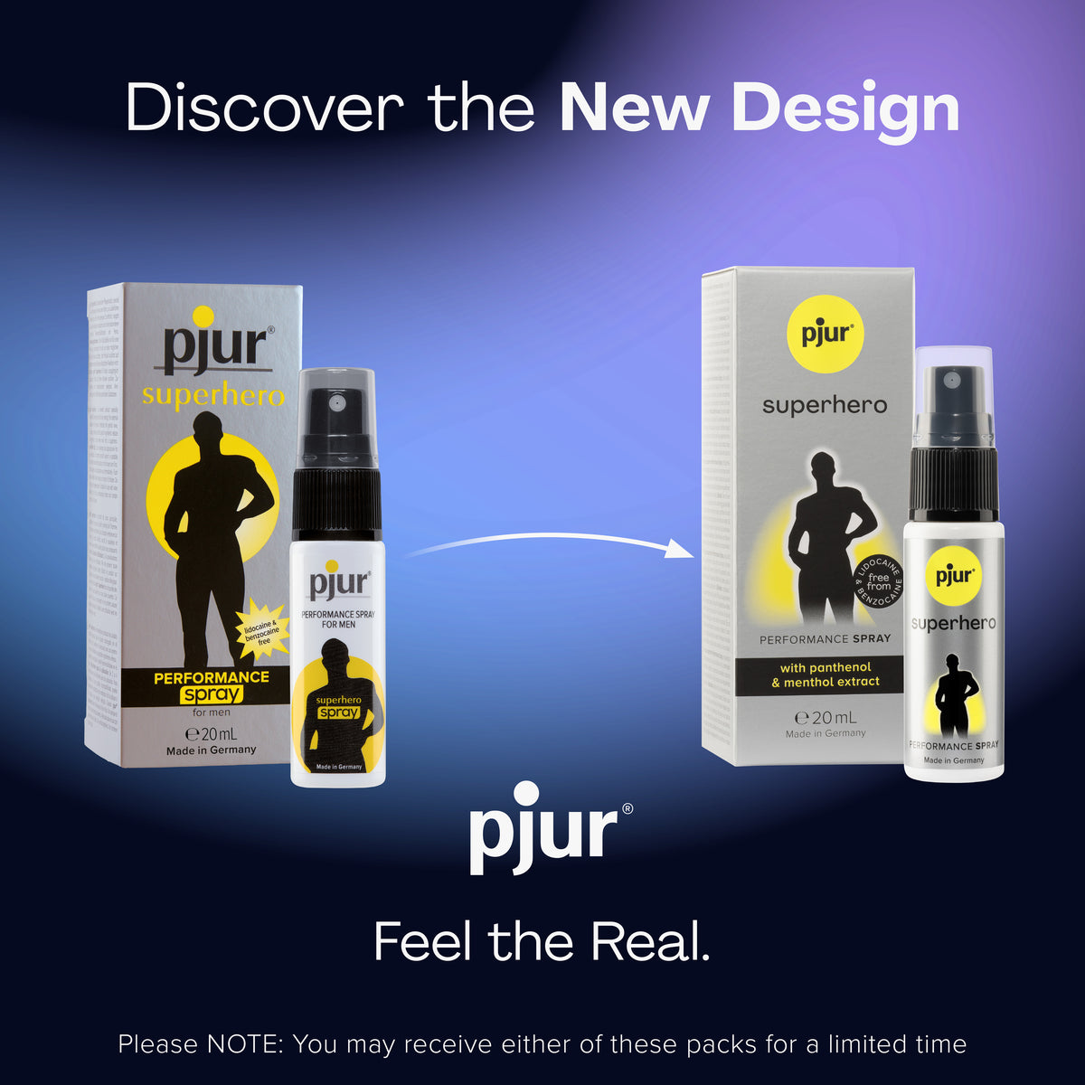 An ad displays old and new packaging for Pjur Superhero Performance Spray.