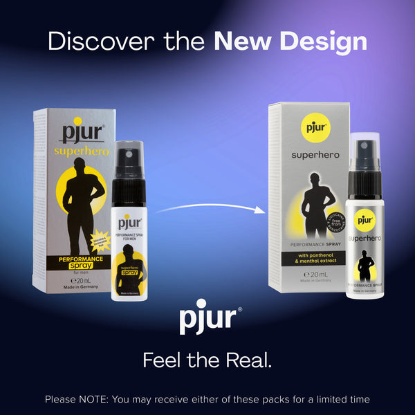 An ad displays old and new packaging for Pjur Superhero Performance Spray.