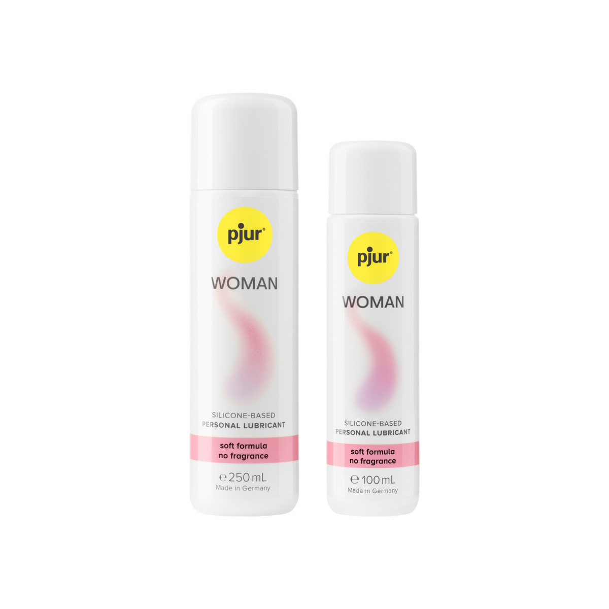 Two white bottles of Pjur Woman silicone-based personal lubricants with a yellow logo and pink label indicating "soft formula no fragrance". Main image