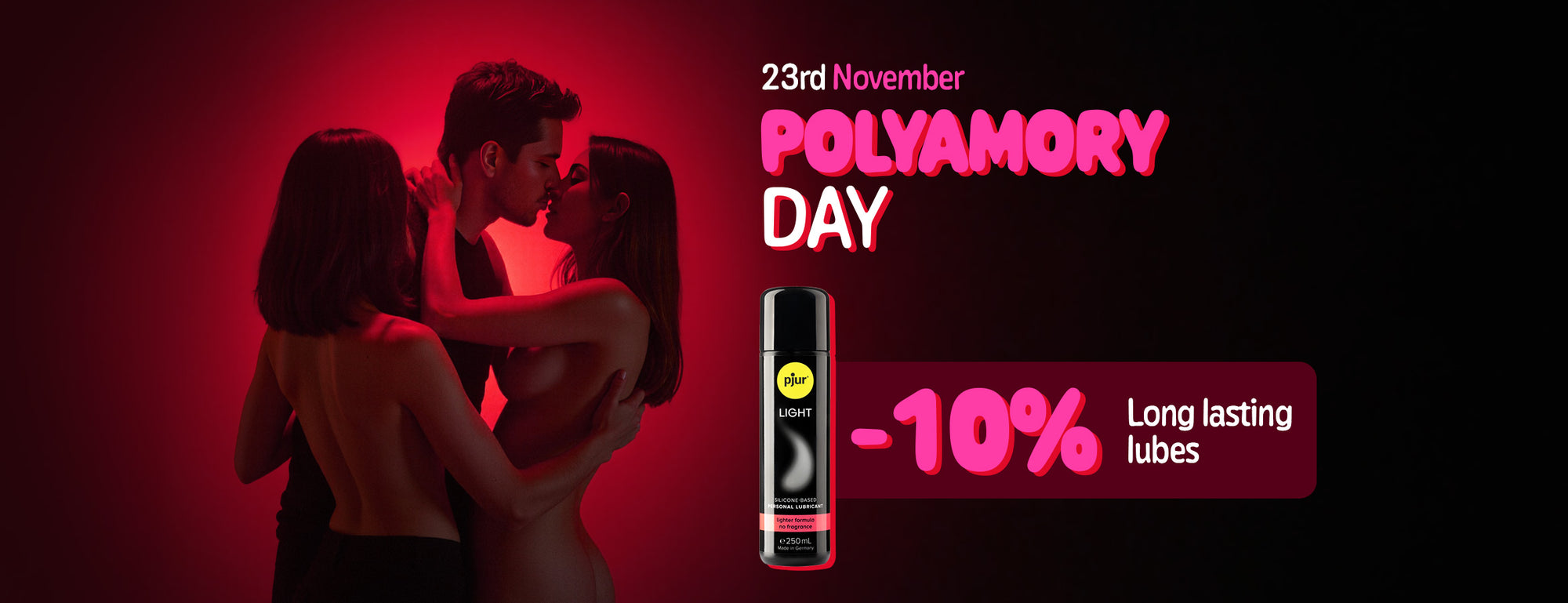 Advertisement for polyamory day with a couple embracing and a product promotion on a red background.