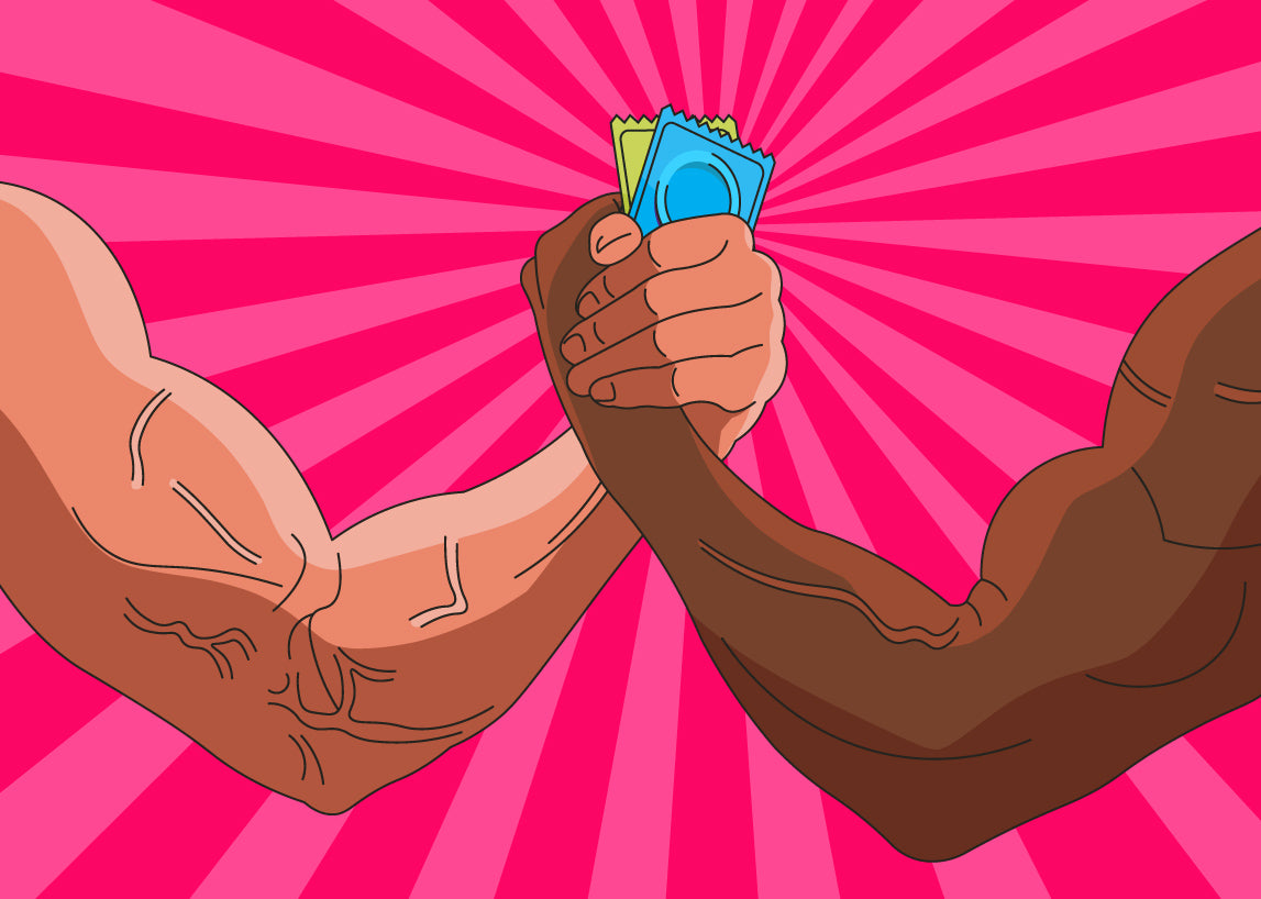 Cartoon illustration of two muscular arms arm-wrestling over a condom against a pink background