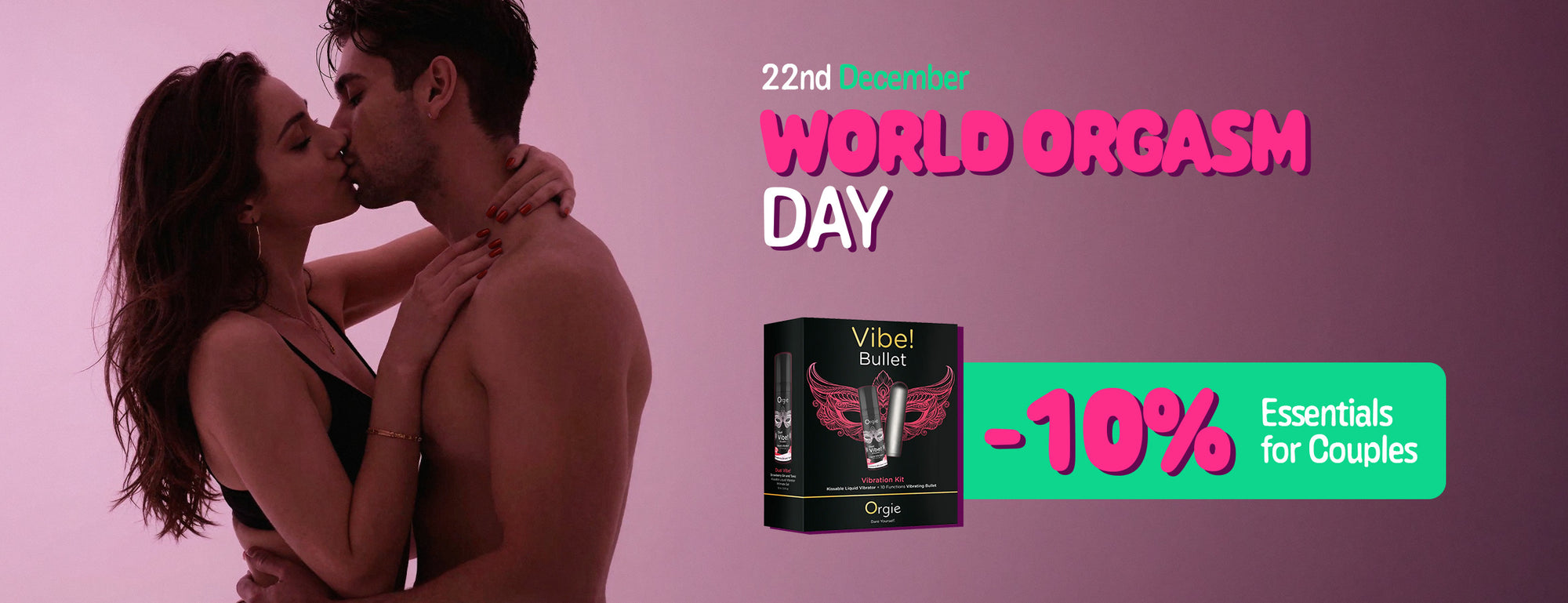 Advertisement for 'World Orgasm Day' with a couple embracing and a product box on a pink background.