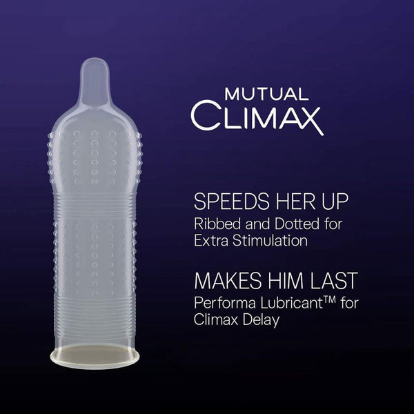 Durex Mutual Climax condom with ribs and dots for stimulation, Performa lubricant for climax delay