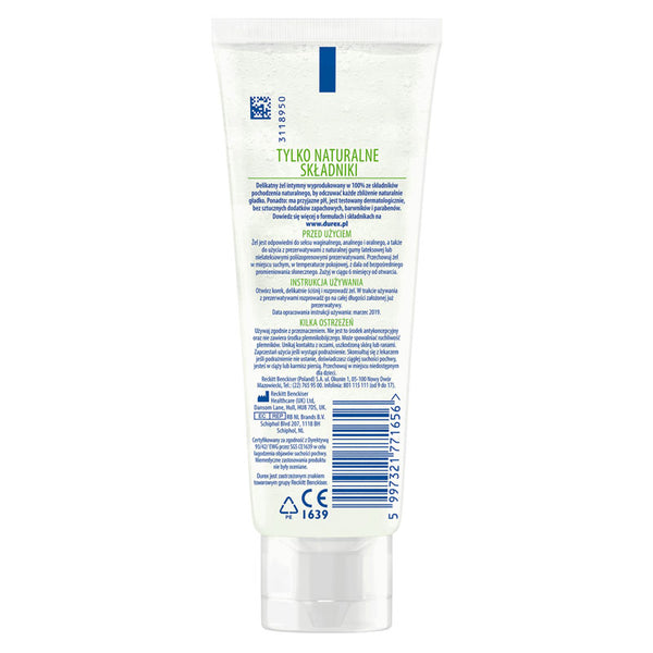 An image of the back of a 100ml tube of Durex Naturals Pure Lube. The tube is white with a vibrant green leaf graphic covered in water droplets. The text highlights '100% Natural Ingredients' inside a water droplet icon.